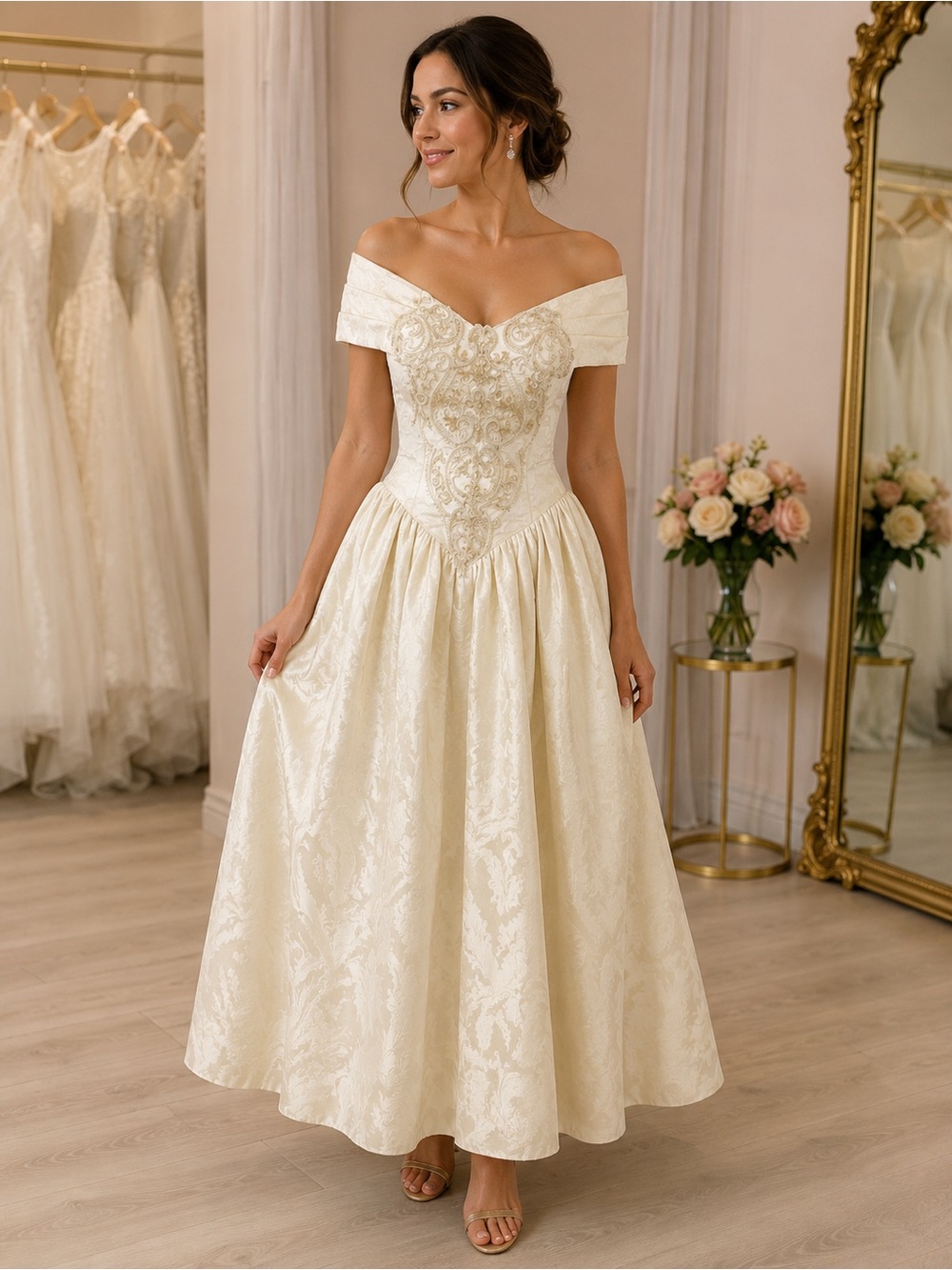 Jessica McClintock Off-Shoulder Embroidered Ivory Wedding Dress